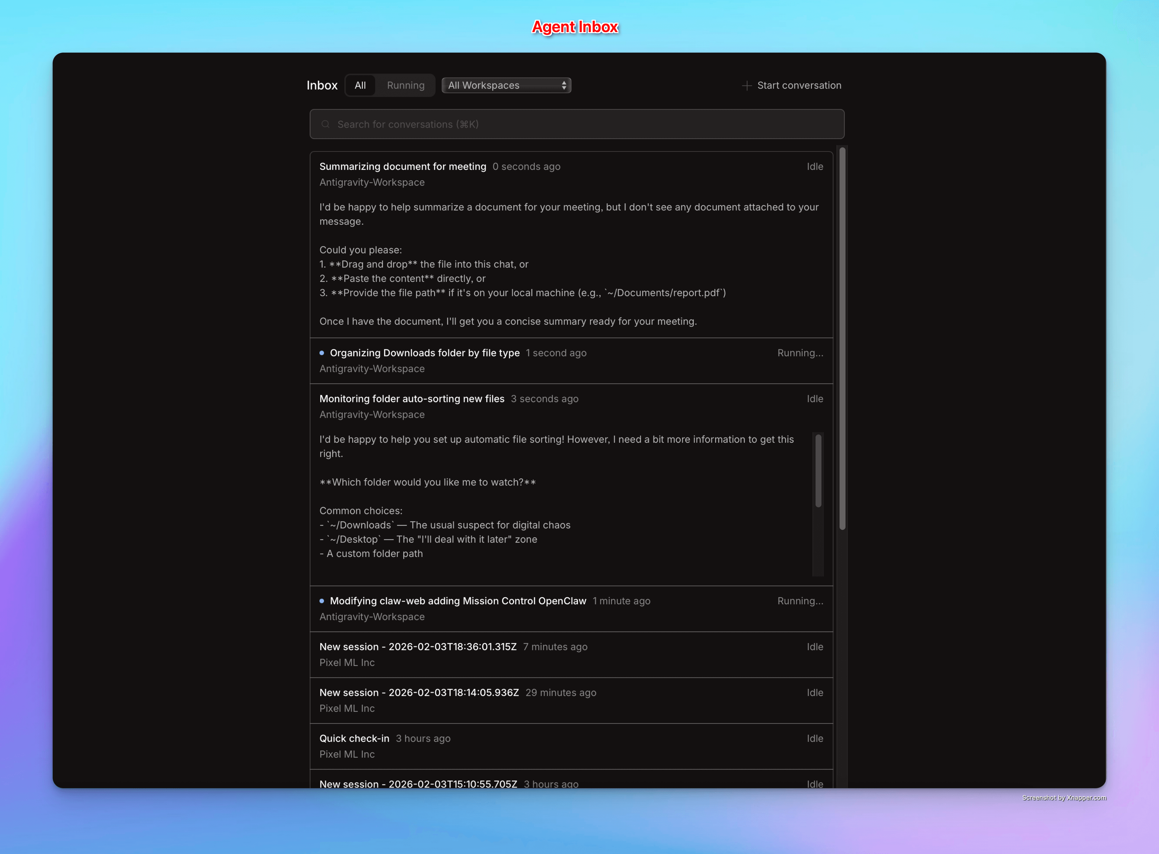 Agent Inbox showing conversation history with filtering and session management